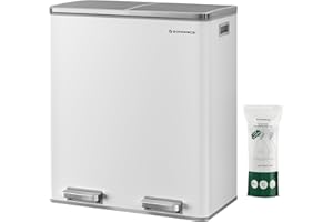 SONGMICS Trash Can, 2 x 8-Gallon Garbage Can for Kitchen, with 15 Trash Bags, 2 Compartments, Plastic Inner Buckets and Hinged Lids, Airtight, White and Gray ULTB60WT