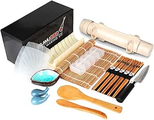 Delamu Sushi Making Kit, 20 in 1 Sushi Bazooka Roller Kit with Chef’s Knife, Bamboo Mats, Bazooka Roller, Rice Mold, Temaki Sushi Mats, Rice Paddle, Rice Spreader, Chopsticks, Sauce Dishes, Guide Book