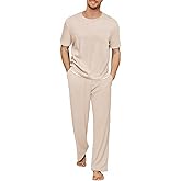 Andeip Mens Pajamas Set Waffle Crew Neck Loungewear Cozy Sleepwear Short Sleeve Top and Long Pants Pj Set with Pockets