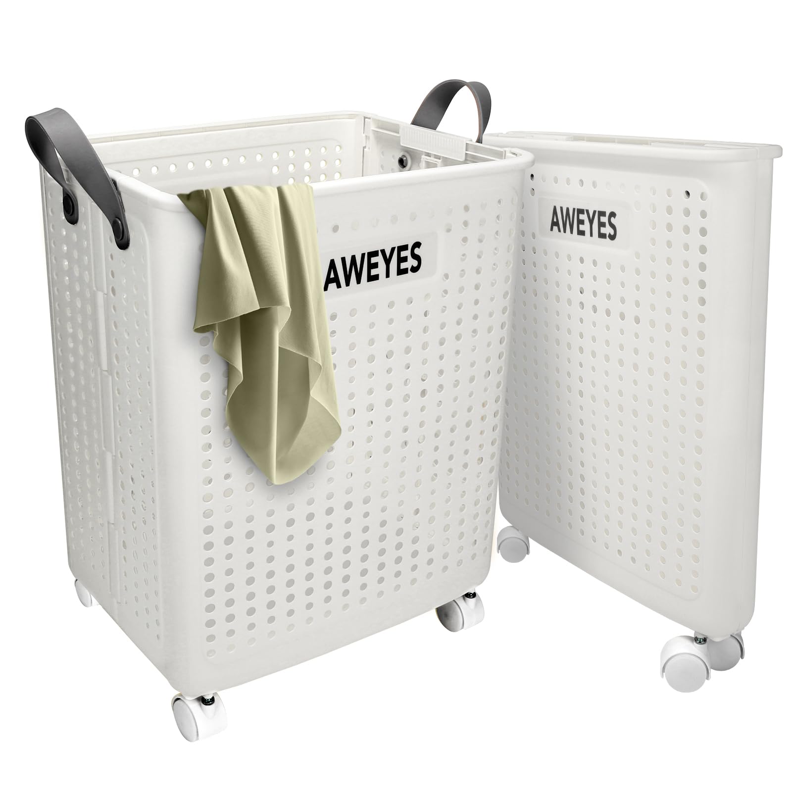 Photo 1 of (USED/FAIR) AWEYES 50L (13 gallon) Collapsible Laundry Basket with Wheels, Foldable Storage Container/Organizer, Space Saving Dirty Clothes Laundry Bin with Handle - White
