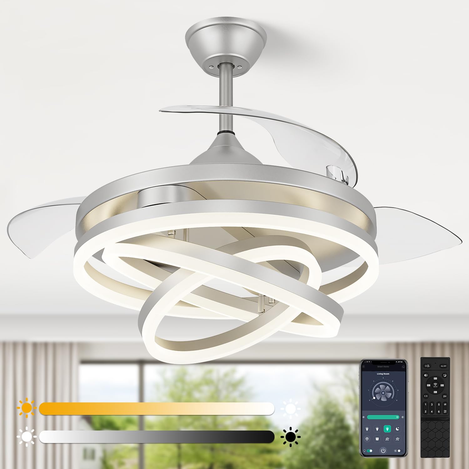 Photo 1 of TXCSLY 42 Inch Retractable Ceiling Fan, Chandelier Ceiling Fan with Light DC Motor, 3 Color Tempearture, 6 Wind Speed for Bedroom, Living Room and Dining Room, Silver