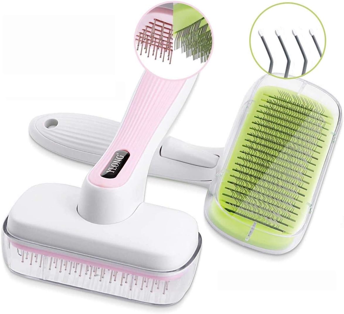 YLONG Pet Grooming Brushes Set Self-Cleaning Slicker Brush and Massage Brush for Dogs and Cats Easy to Clean Pet Deshedding Grooming Tools for Long haired to Short haired(2Pack,Pink and Green)