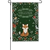 Welcome Garden Flag Forest Fox Double-Sided Rustic Linen Garden Flag, Charming woodland wreath Animal Outdoor Décor - 12x18" (Holly Green)