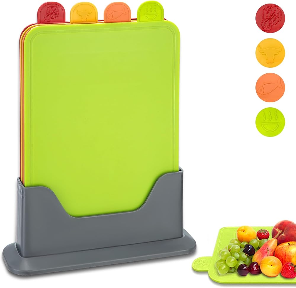 Hunnycook 4Pcs Colour Coded Chopping Boards Set 28x20x0.3cm with Stand