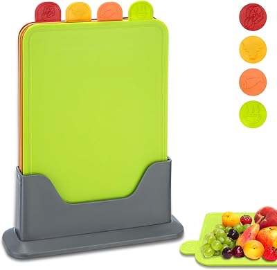 Hunnycook 4Pcs Colour Coded Chopping Boards Set 28x20x0.3cm with Stand