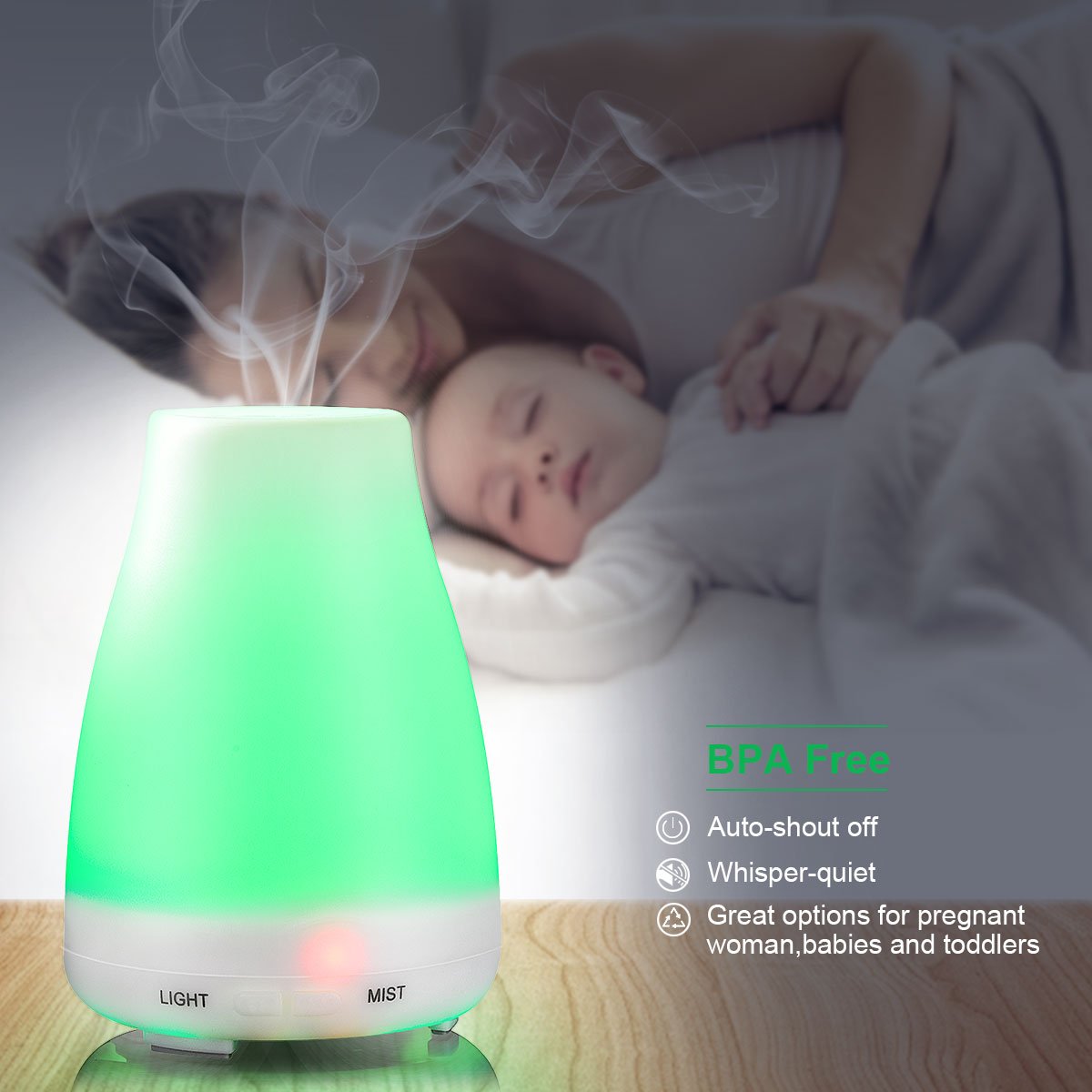MFEEL Ultrasonic Humidifier 100ML Aromatherapy Oil Diffuser Cool Mist with 7 Color LED Lights Mode Adjustment Waterless Auto Shut-Off