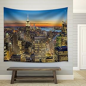New York City Skyline with Urban Skyscrapers at Sunset, USA - Fabric Wall Tapestry Home Decor - 51x60 inches