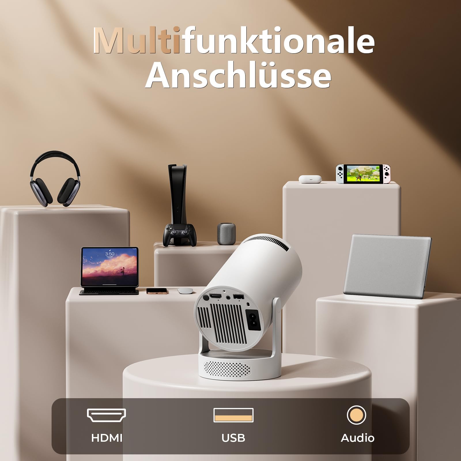 Smart Mini Projector, Upgraded Hi-Fi Mini Projector with 4K 1080P Support, 300 ANSI Lumens, WIFI6 & Bluetooth & Car Keystone Video Projector for Bedroom, Home Cinema