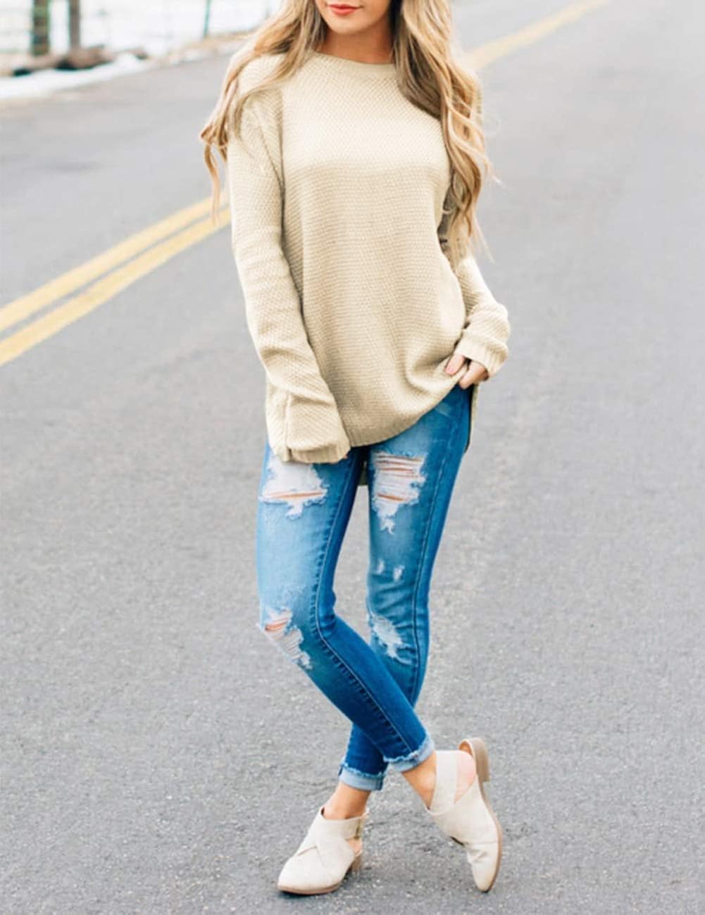 MEROKEETY Women's Long Sleeve Oversized Crew Neck Solid Color Knit Pullover Sweater Tops at  Women’s Clothing store