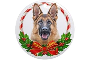 Hitonlon Christmas Ornament-German Shepherd Wreath Ornament 2020 Holiday Present Xmas Tree Decorations Ornament Flat Circle Ceramic 2.87 inches, One Size, White