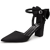 LOOPCHARM Womens Closed Pointed Toe Heels with Bow Low Chunky Block Heel Ankle Strap D'Orsay Pumps Bridal Wedding Dress Shoes