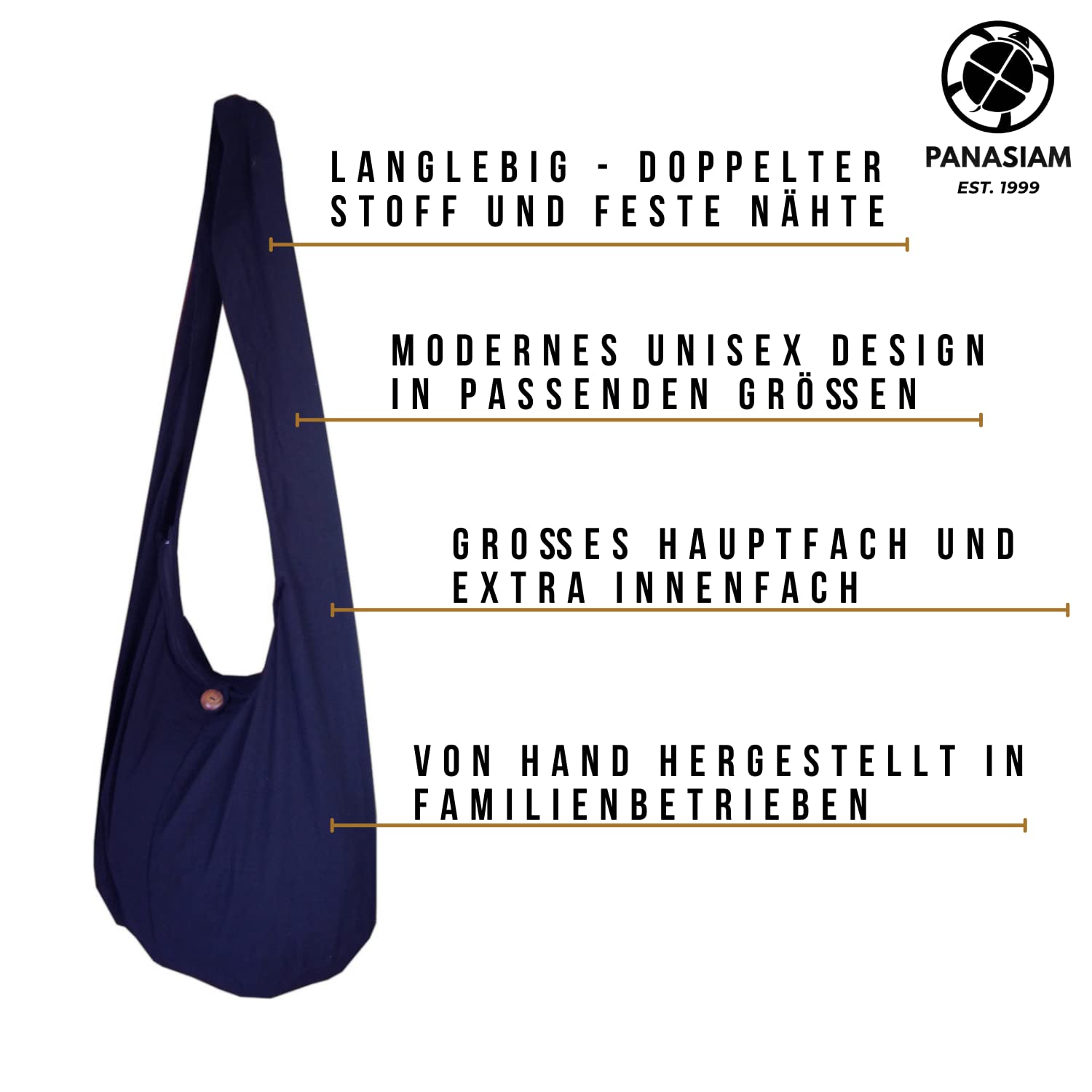 PANASIAM Schulterbeutel Damen & Herren, große & leichte Baumwolltasche, Umhängetasche mit Reißverschluss, Unisex Schultertasche, mittelgroße Tasche, schwarz