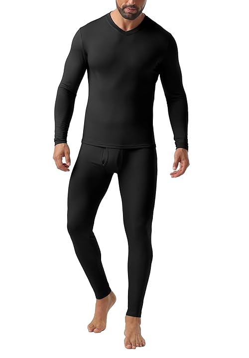 Askdeer Thermal Underwear for Men Long Johns Thermal Fleece Lined Long Underwear Base Layer Set Black
