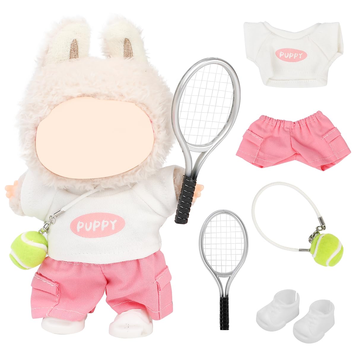 LEWOTE Clothes Set Compatible for Labubu Doll, Hat Suit Ornaments Accessories Set for 17cm/6.7inch Doll (Tennis Pack Pink)