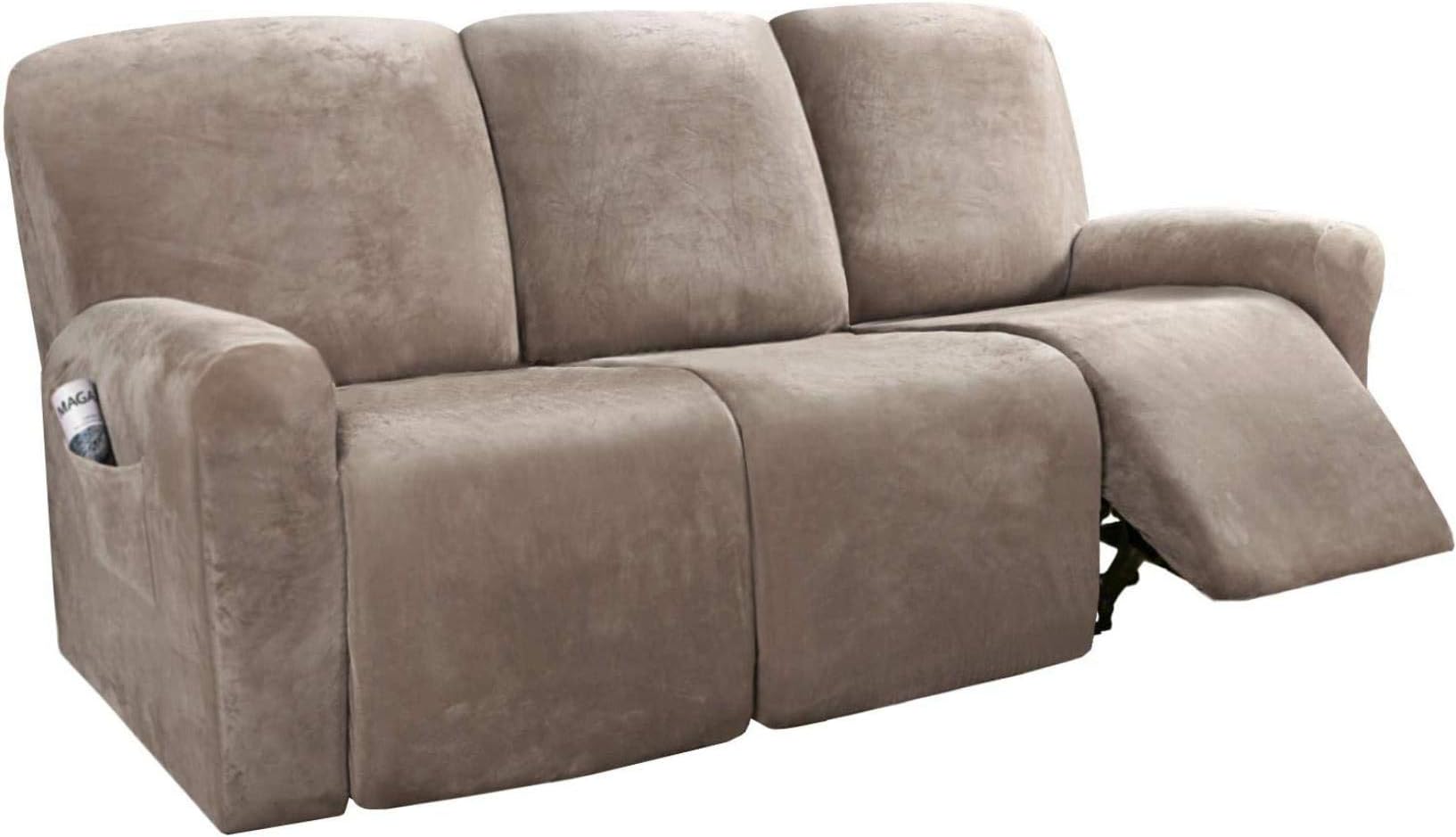 ADAFA Stretch Recliner Chair Covers Sofa Slipcover 2/3 Seater Velvet Washable Non-slip Furniture Couch Cover Protector,Taupe,3 Seater