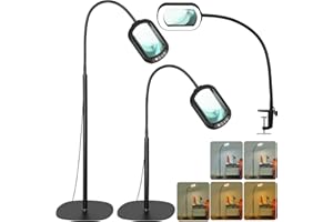 Drdefi 10X Rectangular Magnifying Glass with Light and Stand, 24" Flexible Gooseneck Floor Lamp, 5 Color Modes Stepless Dimmable, 3-in-1 LED Lighted Magnifier Light Hands Free for Reading Craft Sewing