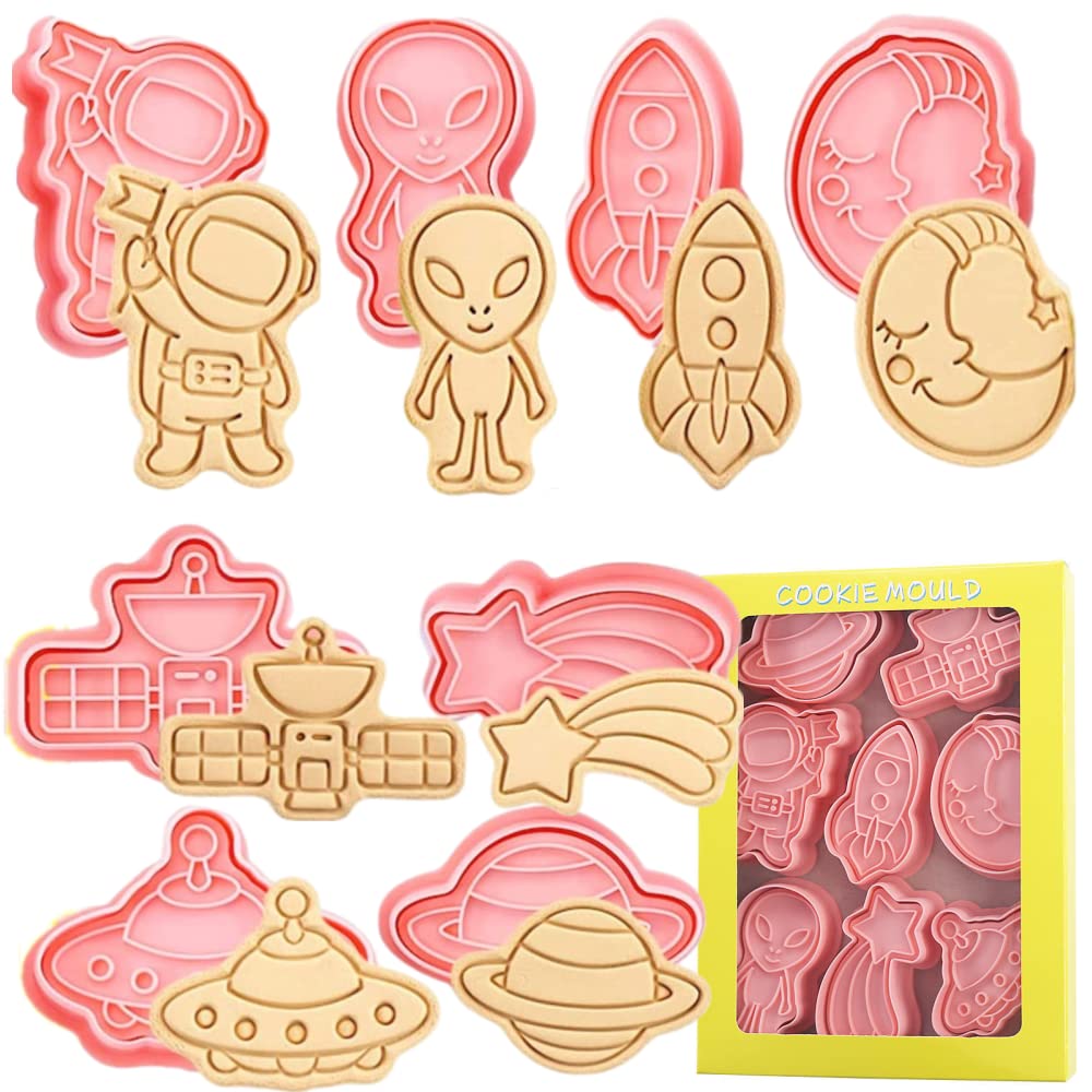 8 Pcs Space Themed Cookie Cutters Plastic Cookie Shapes Cutters Cartoon Fun Cookie Mold for Making Biscuits Icing Biscuits and Pastries and Other Decorations