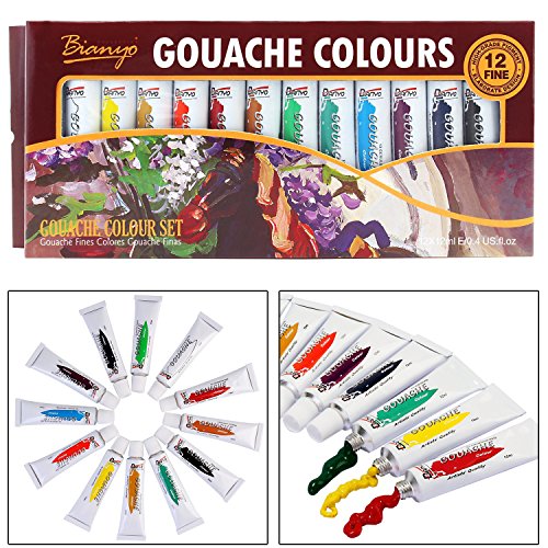 Bianyo Artist Quality Gouache Color Tubes Paint Set - 12ml Tubes, 12 Shades 1 Bianyo Artist Quality Gouache Color Tubes Paint Set - 12ml Tubes, 12 Shades