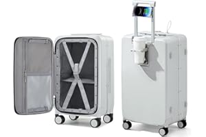 Hanke 20 Inch Carry On Luggage with Cup Holder and Charge,Top Opening Hard Shell Suitcases with Wheels and Dividers,Aluminum Frame Trunk Luggage Small Suitcase with Lock for Travel,Smoke White