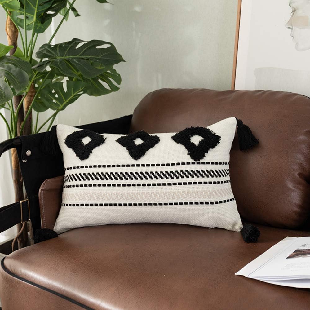 Collive Morocco Tufted Boho Pillow Covers 12X20 Inch Tribal Textured Woven Diamond Decorative Throw Pillow Cover with Tassels Modern Home Decor Accent Pillow Case Black Off Beige