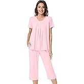 NACHILA Pajamas for Women-Viscose Made from Bamboo,Short Sleeve Sleepwear Cooling Pjs Top Ladies Soft Capri Pants Pajama Sets