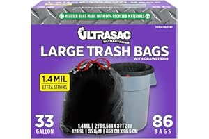 Ultrasac Black Large Heavy Duty Drawstring Trash Bags 33 Gallon 1.4 MIL, 33.5" x 38" - Pack of 86 - For Home, Commercial, Construction, & Outdoor