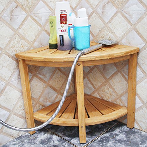 Corner Shower Bench with 2-Tier Storage Shelf,Deluxe Bamboo Shower Bench Bath Stool Applicable to Bathroom or Living Room Natural and Eco-friendly,By Artmeer