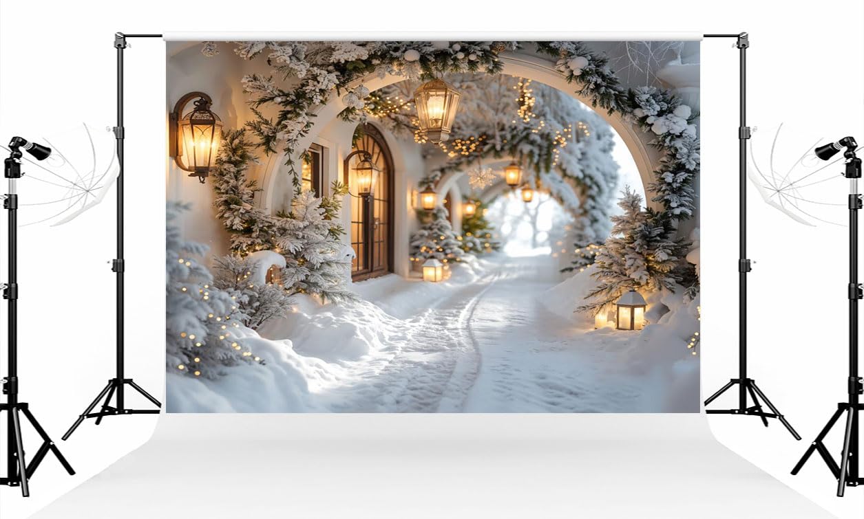 Photo 1 of Kate 10×10ft (3×3m) Christmas Photo Backdrop Xmas Tree Decoration Arches Wall Corridor Large White Snow Scene Photography Background for Christmas Photographer Studio Props