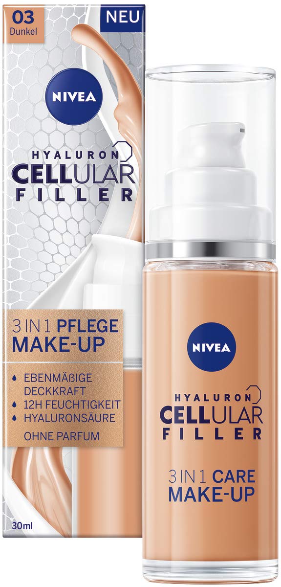 NIVEA Hyaluronic Cellular Filler 3-in-1 Care Make-Up Dark (30 ml), Moisturising Foundation with Hyaluron, Face for a More Even Complexion