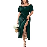 Plus Size Maxi Dress Off The Shoulder Ruffle Smocked Wedding Guest Cocktail Slit Hem Flowy Dresses for Curvy Women