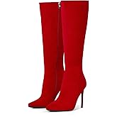 Elisabet Tang 4 inch Women's Knee High Long Boots, Stiletto Tall Pointed Toe Heeled Boot Leather Suede Comfortable Sexy Red Size 9