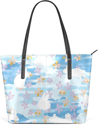 Amazon La Rose トートバッグ ハンドバッグ レディース うさぎ 花 雲 かわいい Puレザー 大容量 防水 丈夫 軽量 通学 通勤 高級感 手提げバッグ ファスナー付き 誕生日 プレゼント La Rose トートバッグ