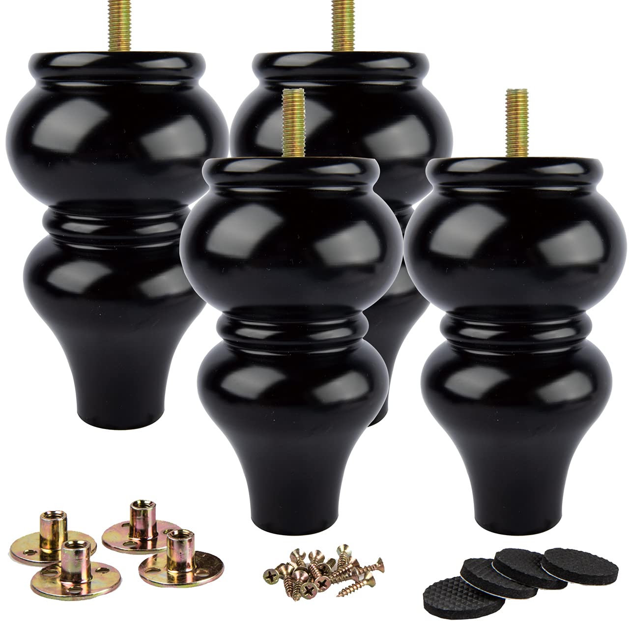 La Vane 6 Inch (15cm) Solid Wood Furniture Legs - 4Pcs Wooden Black Turned Spool Bun Feet with M8 Bolt, Extra Wide 3.5”(9cm) Diameter & Superior Strength for Dresser, Sofa, Cabinet, Sideboard