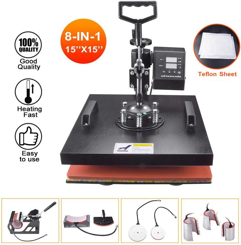 Power Heat Press Machine 15" X 15" Professional Swing Away Heat Transfer 8 in 1 Digital Sublimation 360-Degree Rotation Multifunction Combo for T-Shirt Mugs Hat Plate Cap