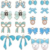 SUNNYCLUE 1 Box 54Pcs 9 Styles Bowtie Charms Bow Charm Bulk Enamel Alloy Small Blue Lovely Lolita Pearl Bowknot Charms for Jewelry Making Charms Diy Necklaces Bracelets Earrings Valentine Gifts Women