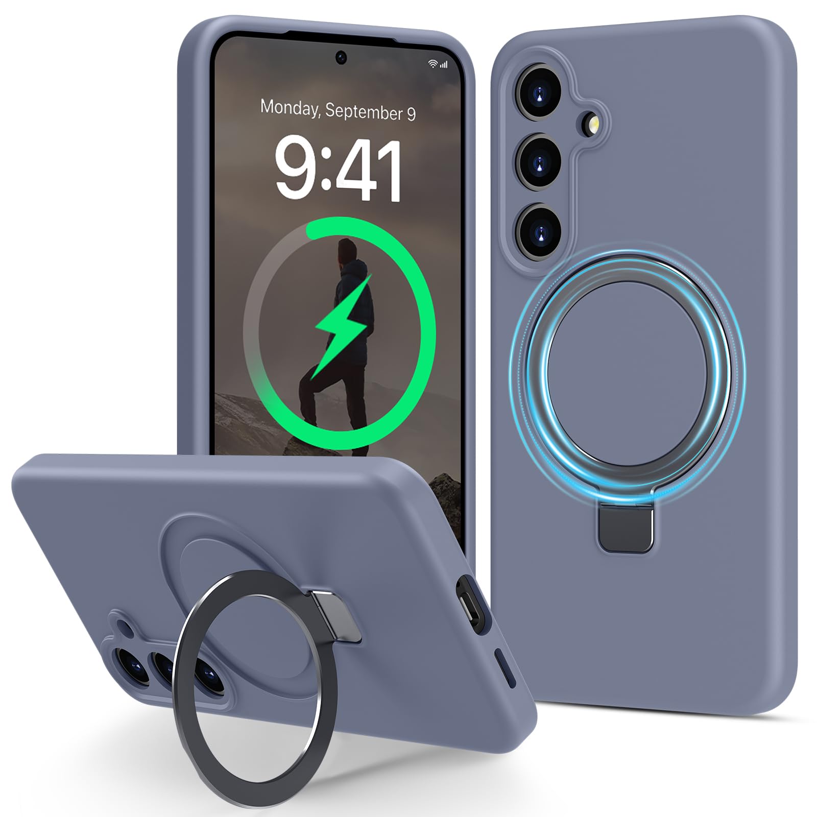 Vanxiliiy for Samsung Galaxy S25+/ S25 Plus Case with Stand, Slim Liquid Silicone Phone Cases for Galaxy S25 Plus Compatible with MagSafe Magnetic Ring Kickstand Case Full Camera Protection, Grey