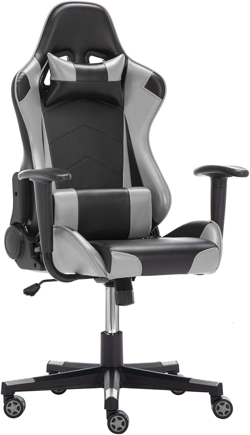 IntimaTe WM Heart Racing Chair, Computer Chair, PU Gaming Chair with Headrest&Lumbar Cushion, 135 Degree Reclining Angle (Grey, Faux Leather)