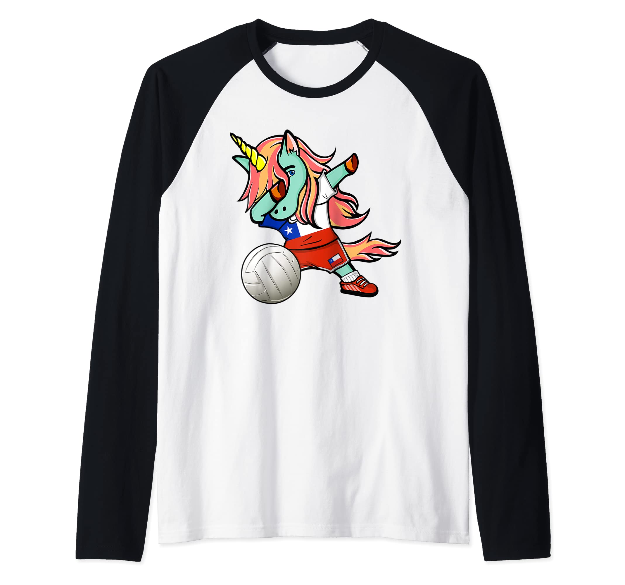 Dabbing Unicorn Chile Volleyball Lovers Jersey Chilean Flag Raglan Baseball Tee
