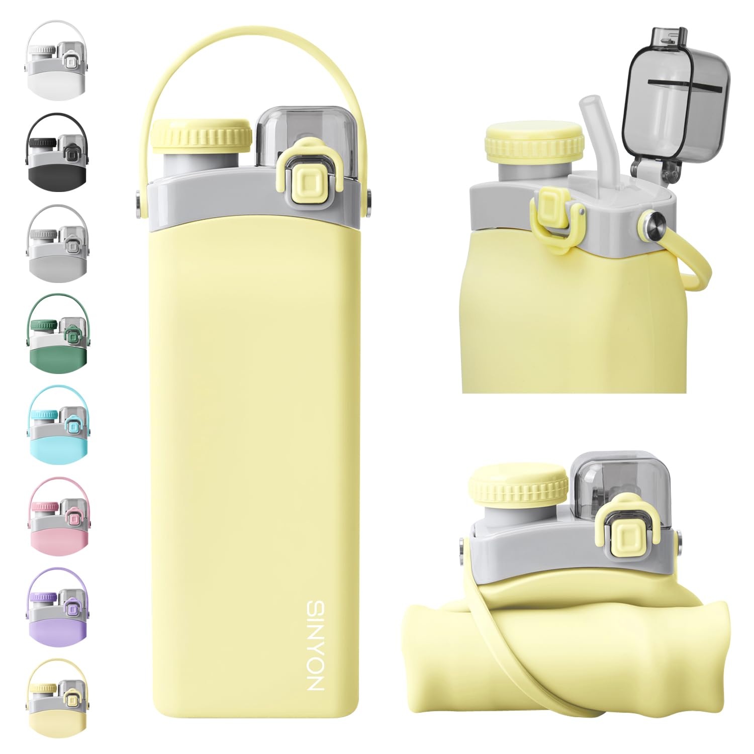 Photo 1 of Collapsible Water Bottles, 20oz Silicone Reusable Water Bottle with Straw and Strap, Leakproof Foldable Sports Water Bottle for Travel Camping Running Hiking Gym, BPA Free
