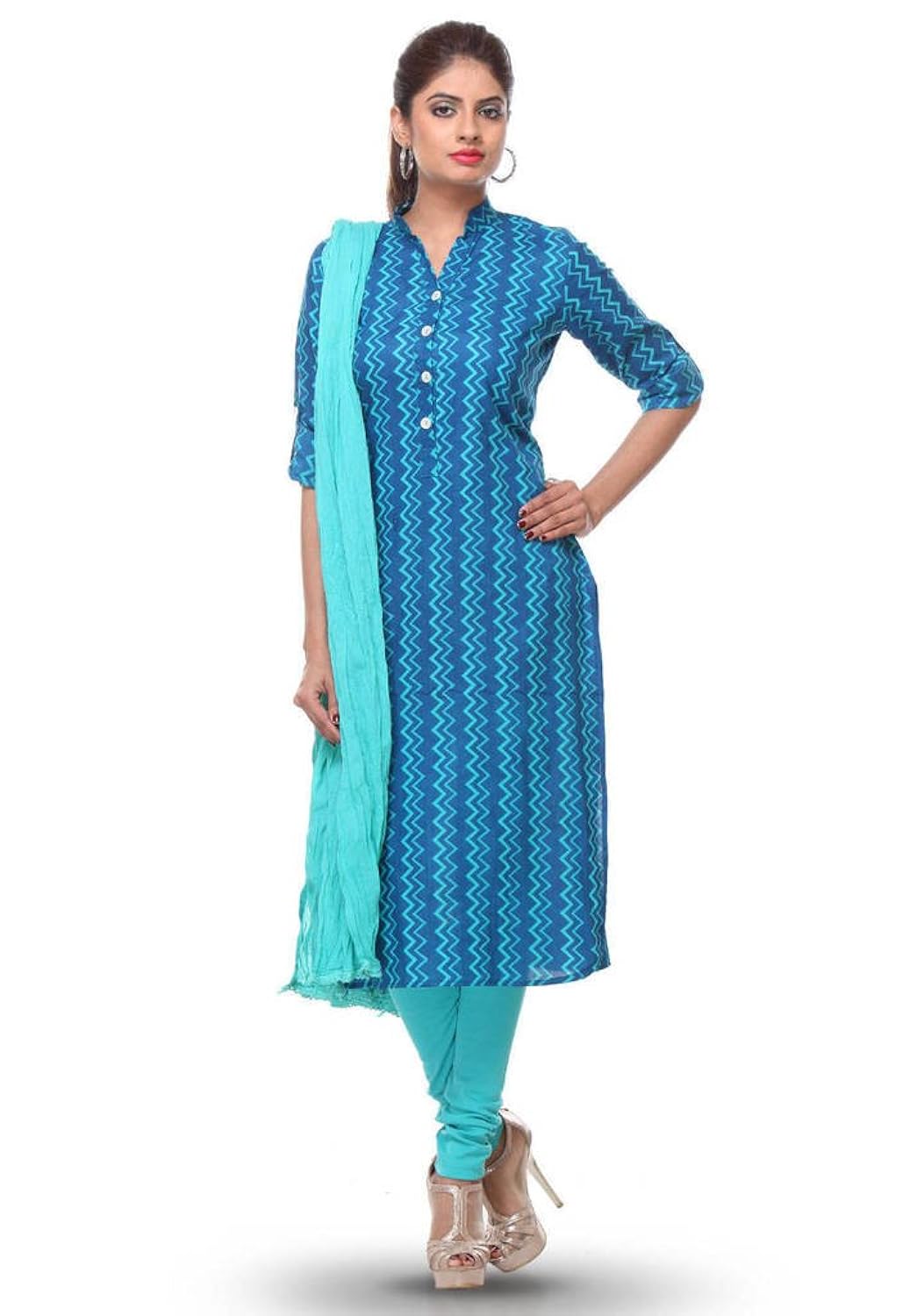 blue printed cotton kurti legging dupatta suit