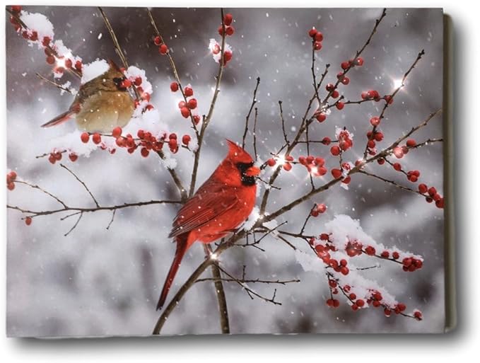 Amazon Com Cardinal Canvas Print Led Lighted Print With Cardinals And Berries Winter Scene Artwork Cardinal Pictures Posters Prints