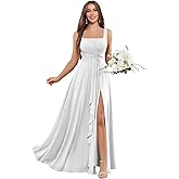Djqpi Chiffon Bridesmaid Dresses for Women Square Neck A Line Pleated Long Formal Evening Gown with Slit