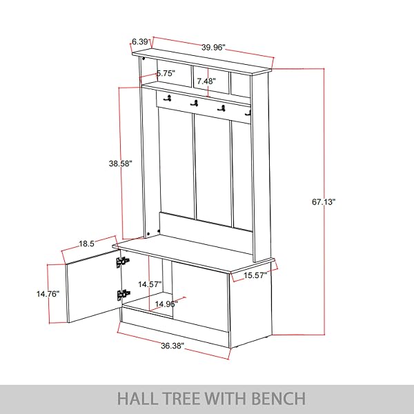 CASTLE PLACE WOODEN HALL TREE WITH BENCH AND STORAGE CABINETS, BROWN