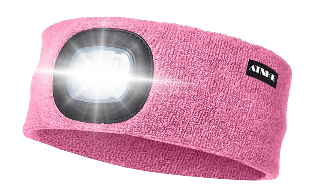 ATNKE LED Lighted Headband, USB Rechargeable Running Hat Ultra Bright 4 LED Waterproof Light Lamp Headlamp High Stretch Moisture Wicking Multi-Color/Pink