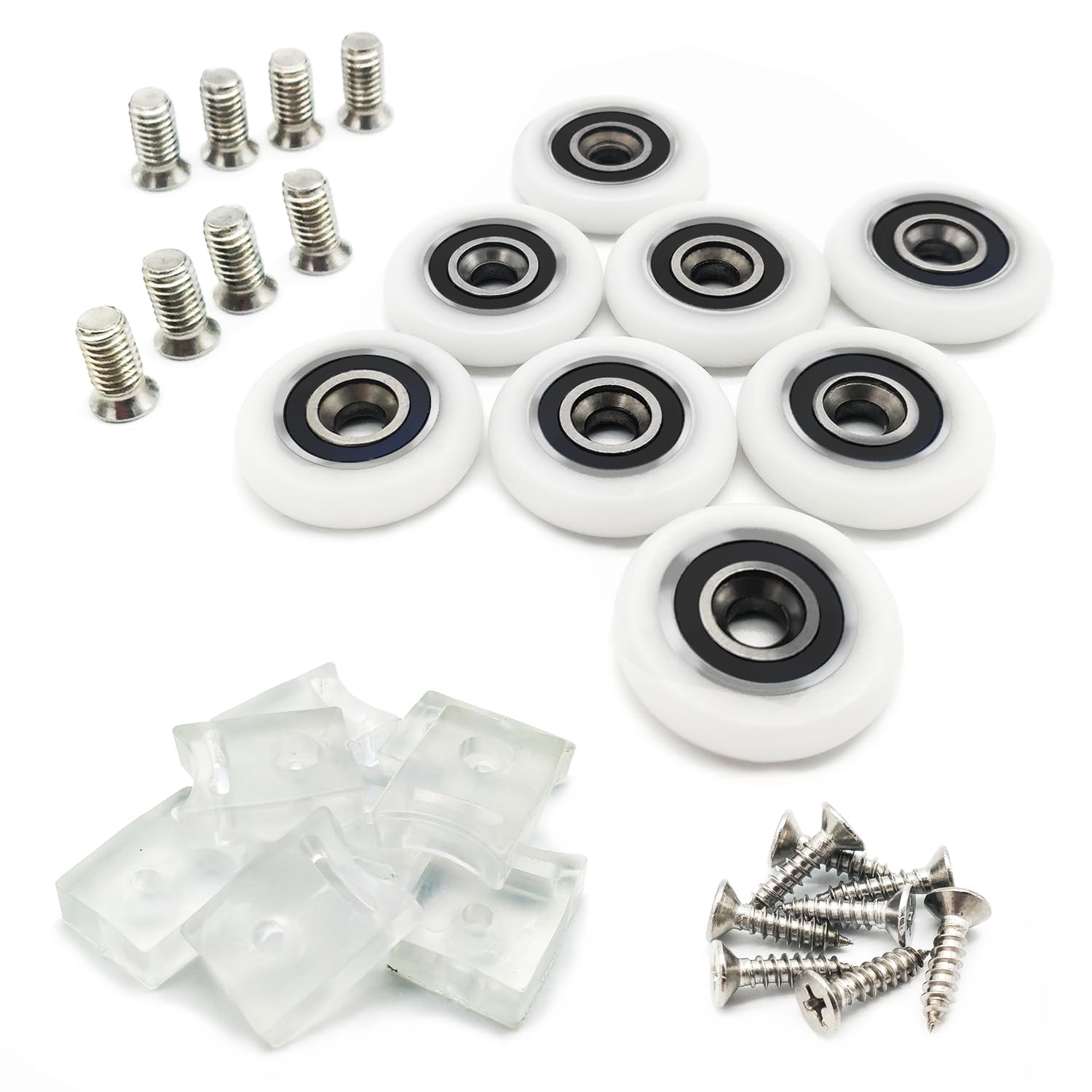 8 Pcs Diameter 25mm/1 inch Shower Door Wheel Shower Enclosure Runners Shower Rollers Shower Cubicle Wheels with Screws. 8 Pcs Transparent Anti-collision Block. Matching 304 Stainless Steel Screws