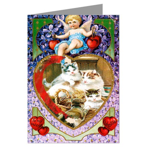 Basket of Kittys and Hearts Vintage Valentines Day Greeting Card