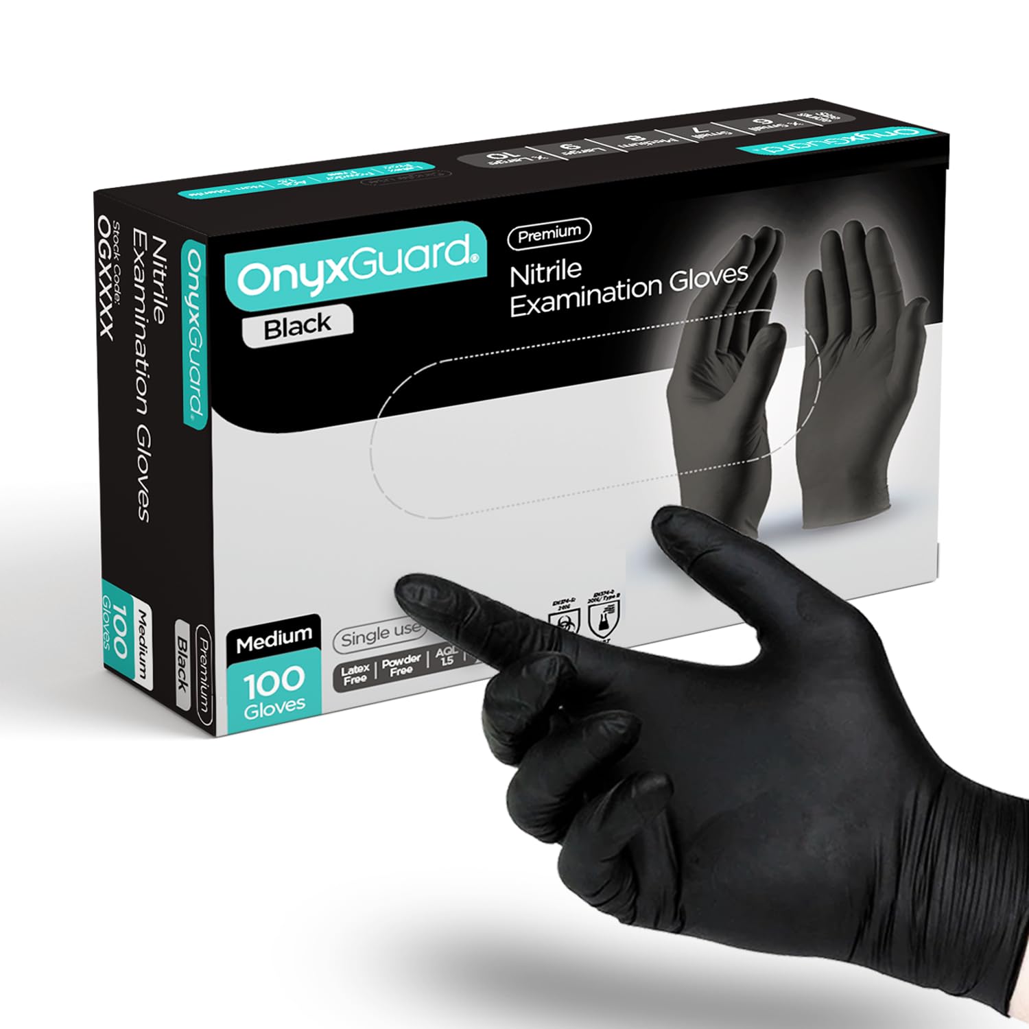OnyxGuard Black Medical Grade Nitrile Examination Gloves - Multipurpose, Powder Free and Latex Free Disposable Gloves - Box of 100 Gloves, Black (Medium)