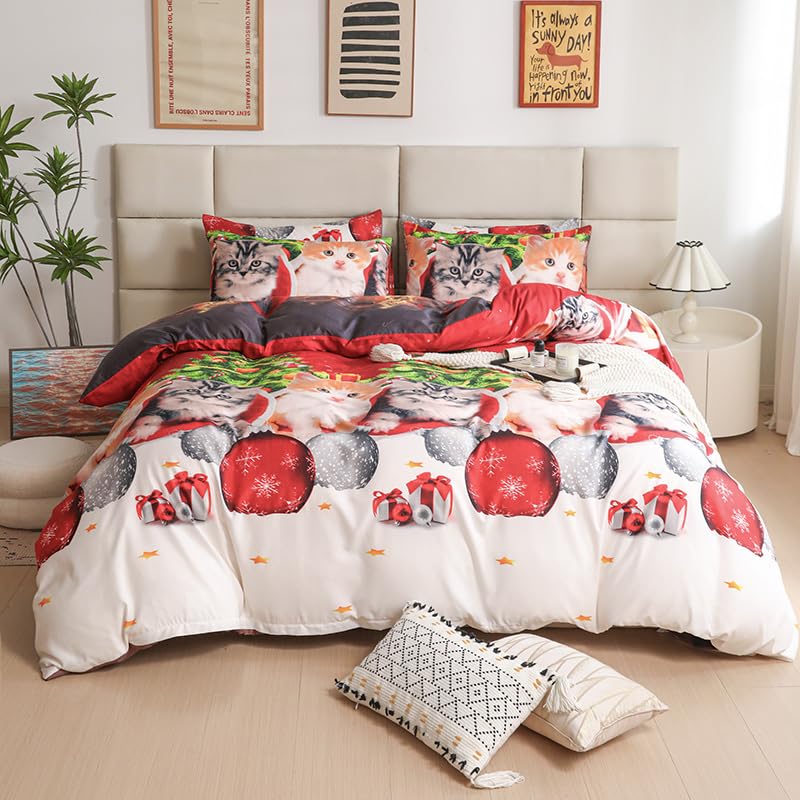 myAIMS Father Christmas Royal Santa Claus Merry Santa Xmas Kitty Duvet Quilt Cover & Pillowcase Bedding Set Multi-Colour Snowman Presents Set Ultra Soft Easy Care, Modern Design (xMas Kitty, Double) — image 1