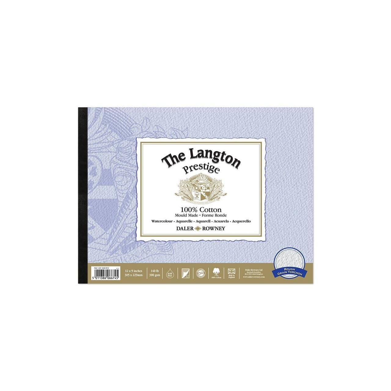 Daler-Rowney The Langton Prestige Rough 300gsm 12 x 9in Watercolour Paper Pad, Glued 1 Side, 12 Natural White Sheets, For Professional Artists & Students