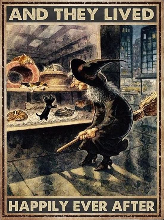 HOUVSSEN Metal Signs Décor Witch Cat and She Lived Happily Ever After Vintage Vintage Home Poster 8x12 Inch